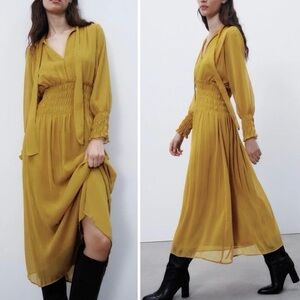 Zara Yellow Gold Smocked Chiffon Dress Bow & Bishop Sleeves Size XS